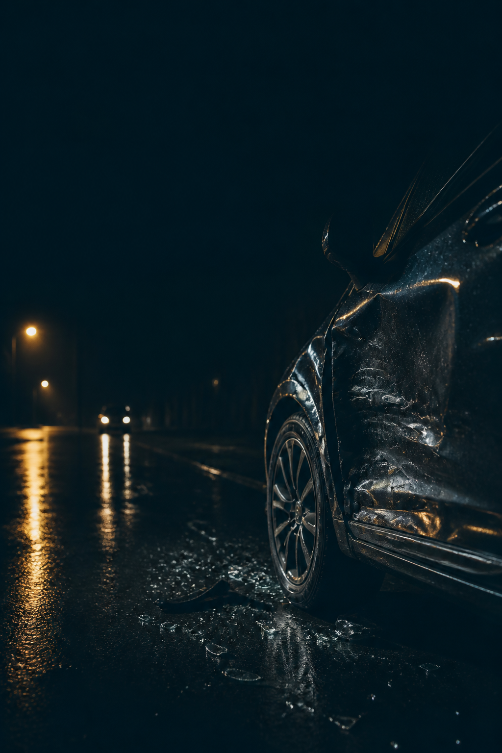 Damaged car and roadway details documented after a collision